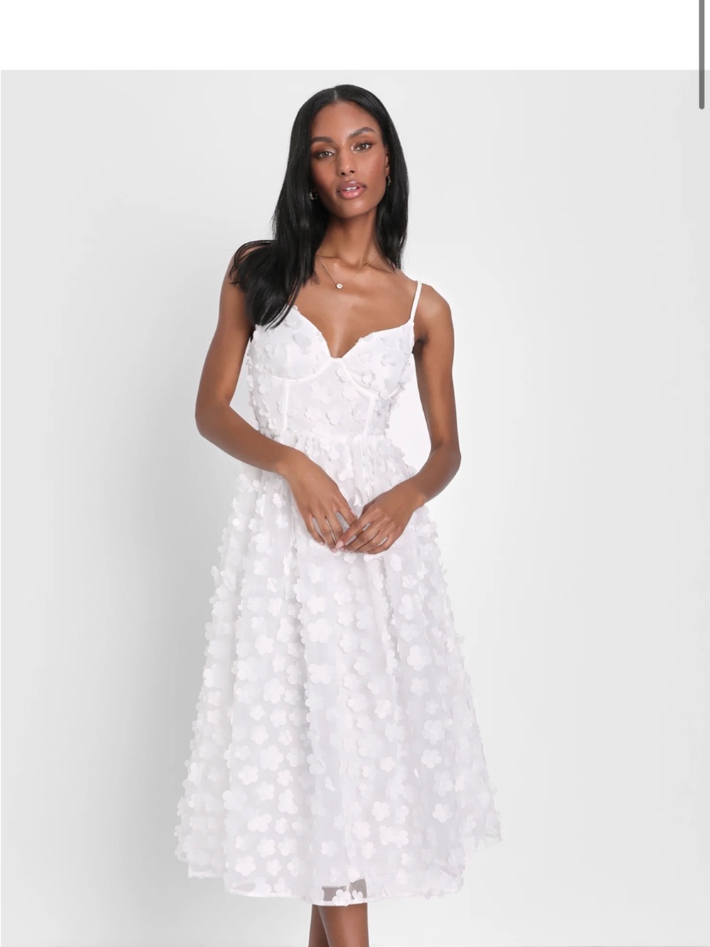 Lulu's White Floral Appliqué Midi Dress with Spaghetti Straps